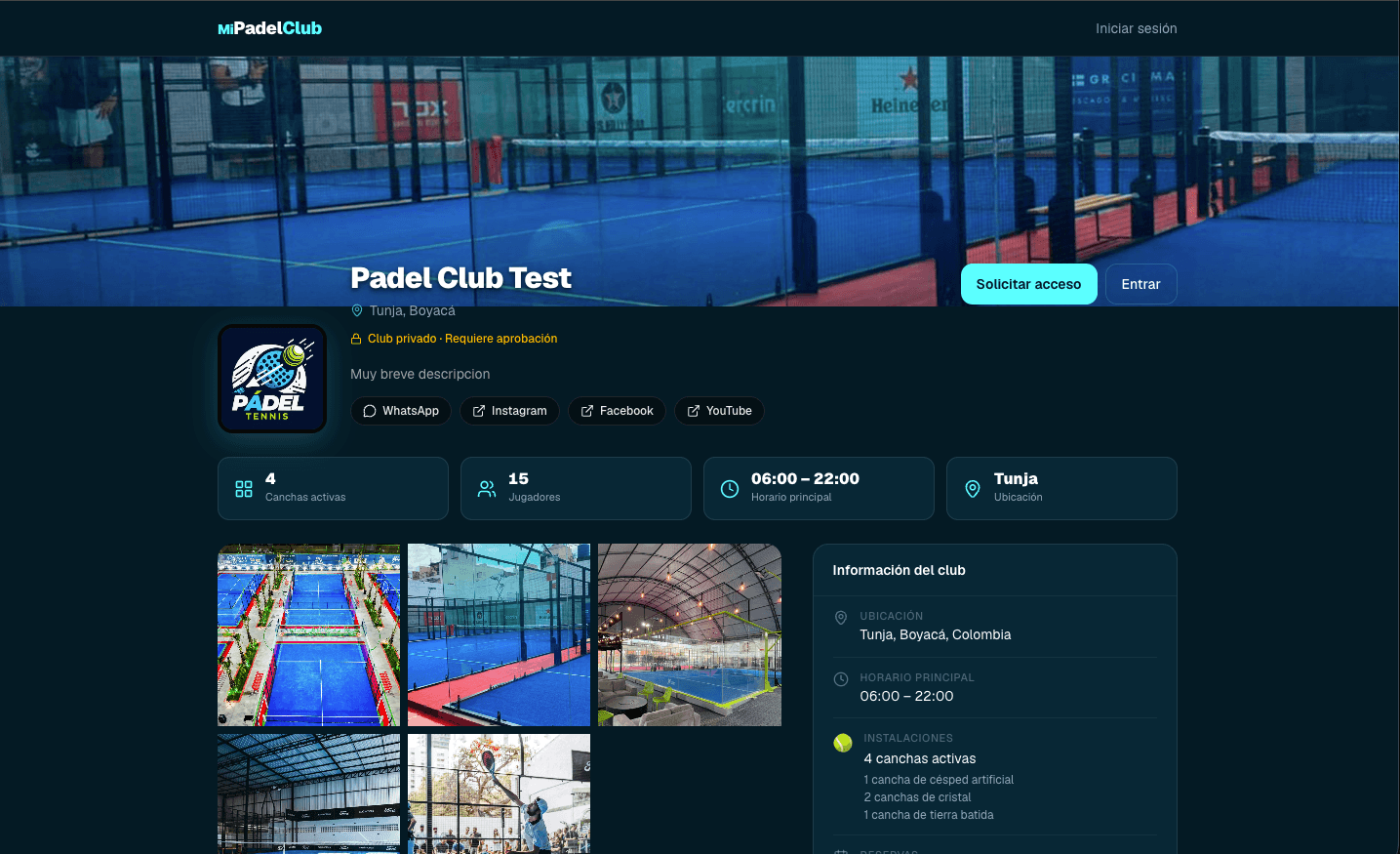 Página pública de un club en Mi Pádel Club, con portada, canchas activas y horario