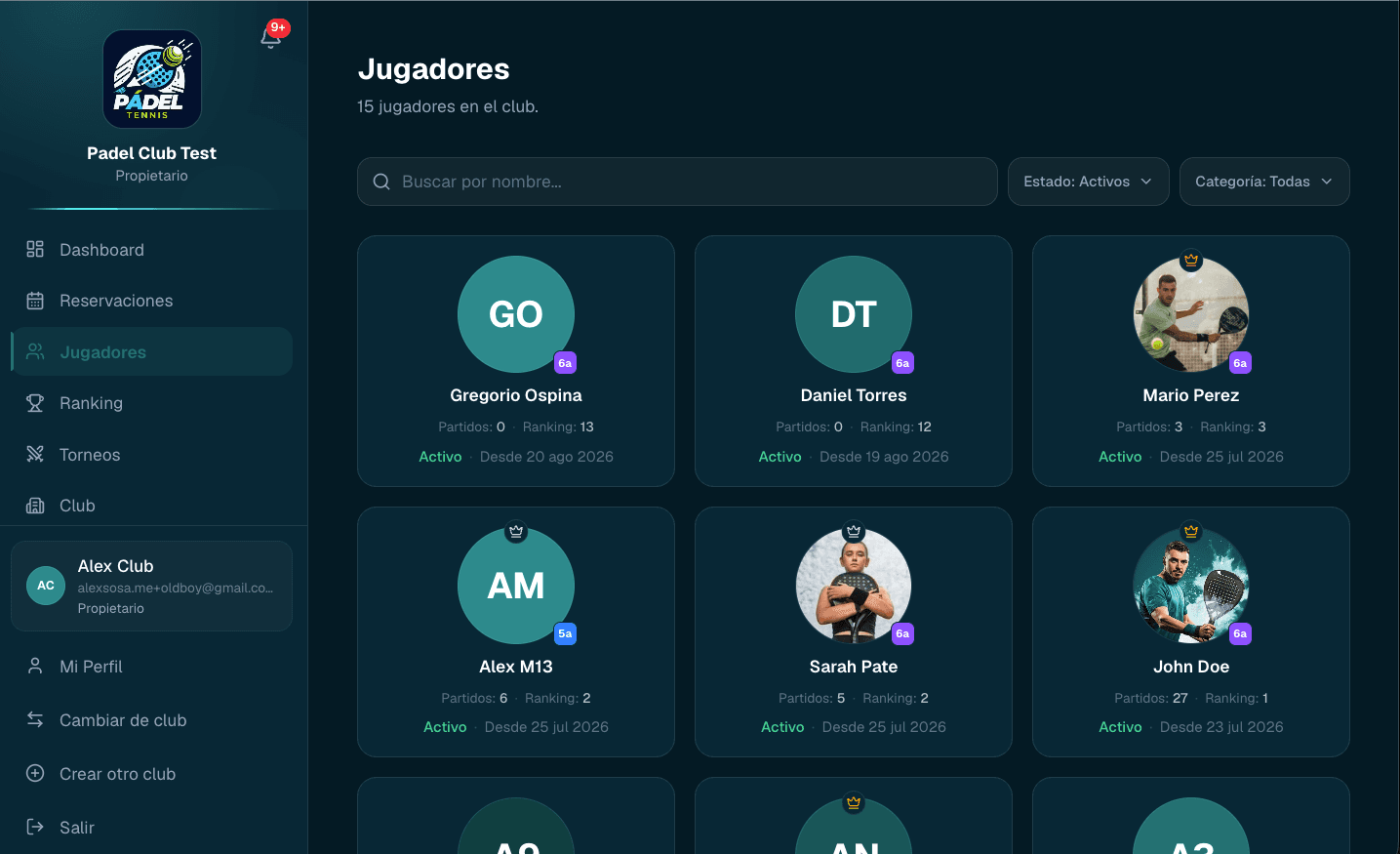 Gestión real de jugadores en MiPadelClub, con perfiles e información de los miembros del club