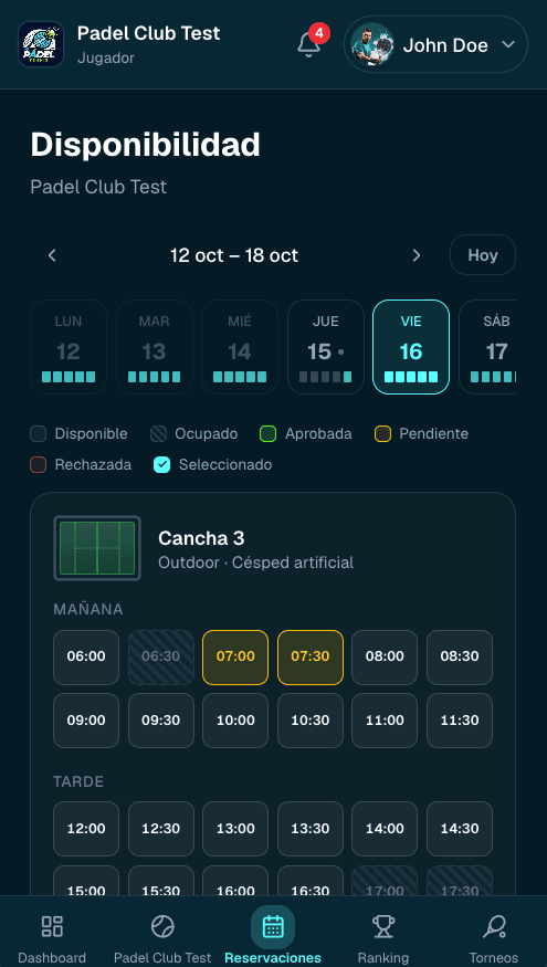 Disponibilidad de canchas por día y horario en el celular