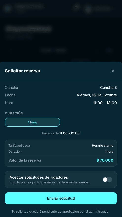 Solicitud de reserva con tarifa aplicada y valor de la reserva