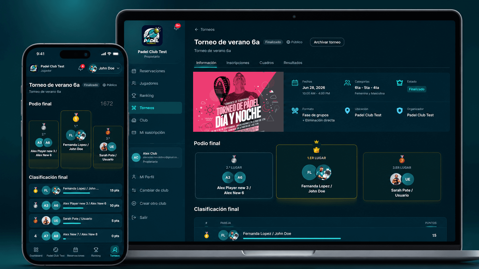 MiPadelClub: gestión de torneos desde el panel del propietario y resultados desde la aplicación móvil del jugador